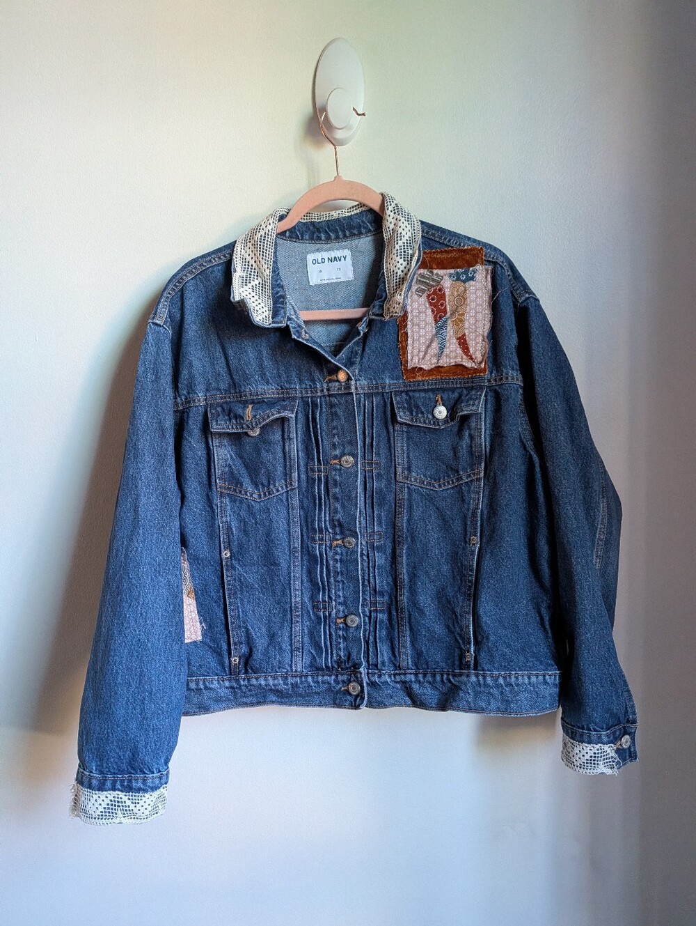 Handmade Blue Fruits Patchwork Tapestry Lace Bohemian  Jeans Jacket Size XXL